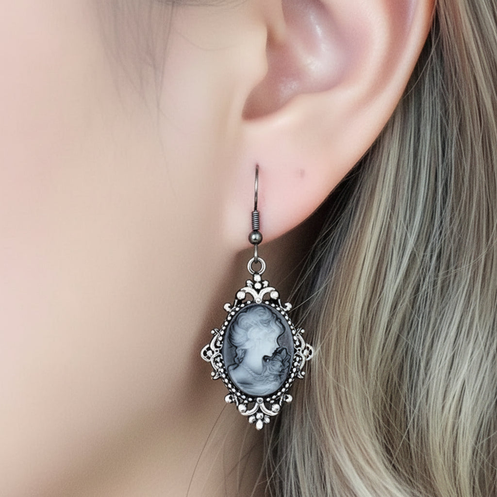 Women's Victorian Cameo Antique Portrait Edwardian Silver Filigree Drop Earrings