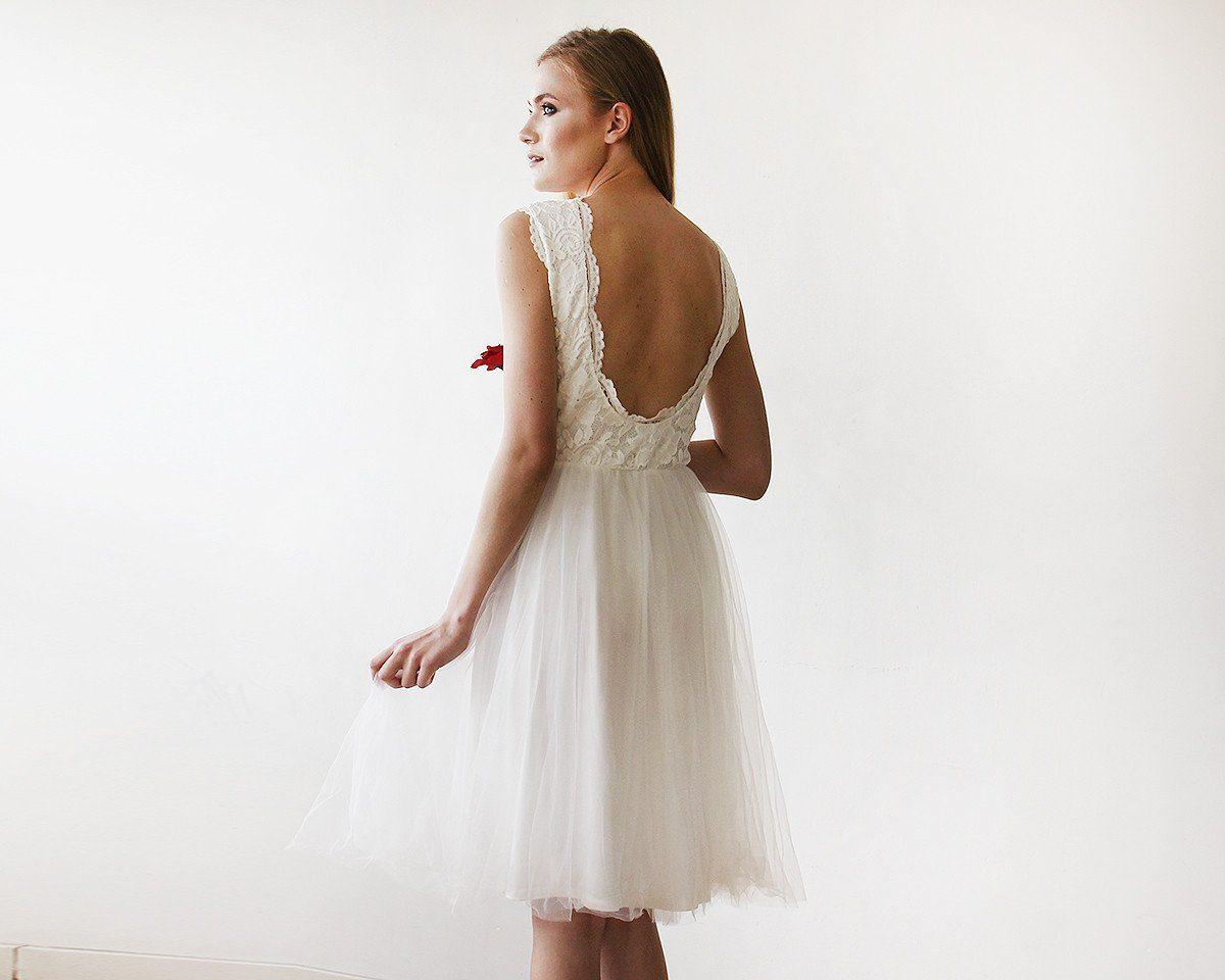 Ivory Lace & Silk Tulle Sleeveless Backless Midi Wedding Dress - Lovez Aqua© -