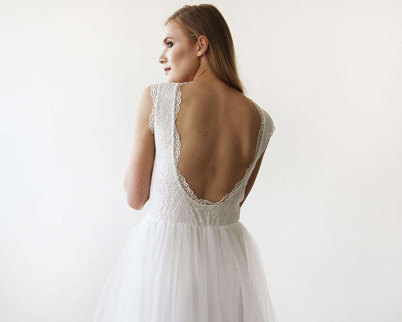 Ivory Lace & Silk Tulle Sleeveless Backless Midi Wedding Dress - Lovez Aqua© -