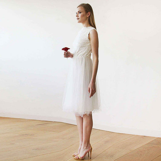 Ivory Lace & Silk Tulle Sleeveless Backless Midi Wedding Dress
