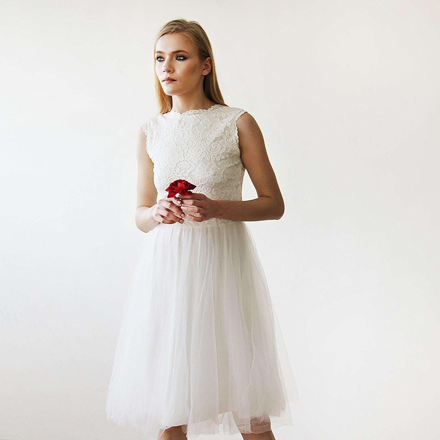 Ivory Lace & Silk Tulle Sleeveless Backless Midi Wedding Dress - Lovez Aqua© -