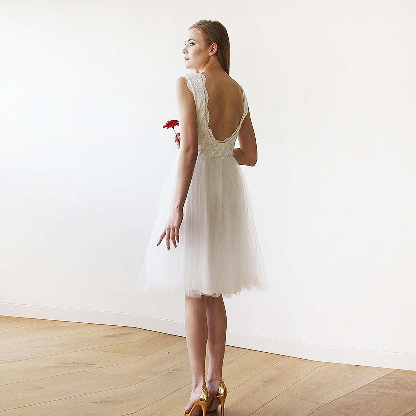 Ivory Lace & Silk Tulle Sleeveless Backless Midi Wedding Dress - Lovez Aqua© -