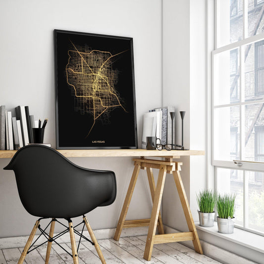 Las Vegas Nevada Black & Gold Abstract City Art Print Poster - Lovez Aqua© -