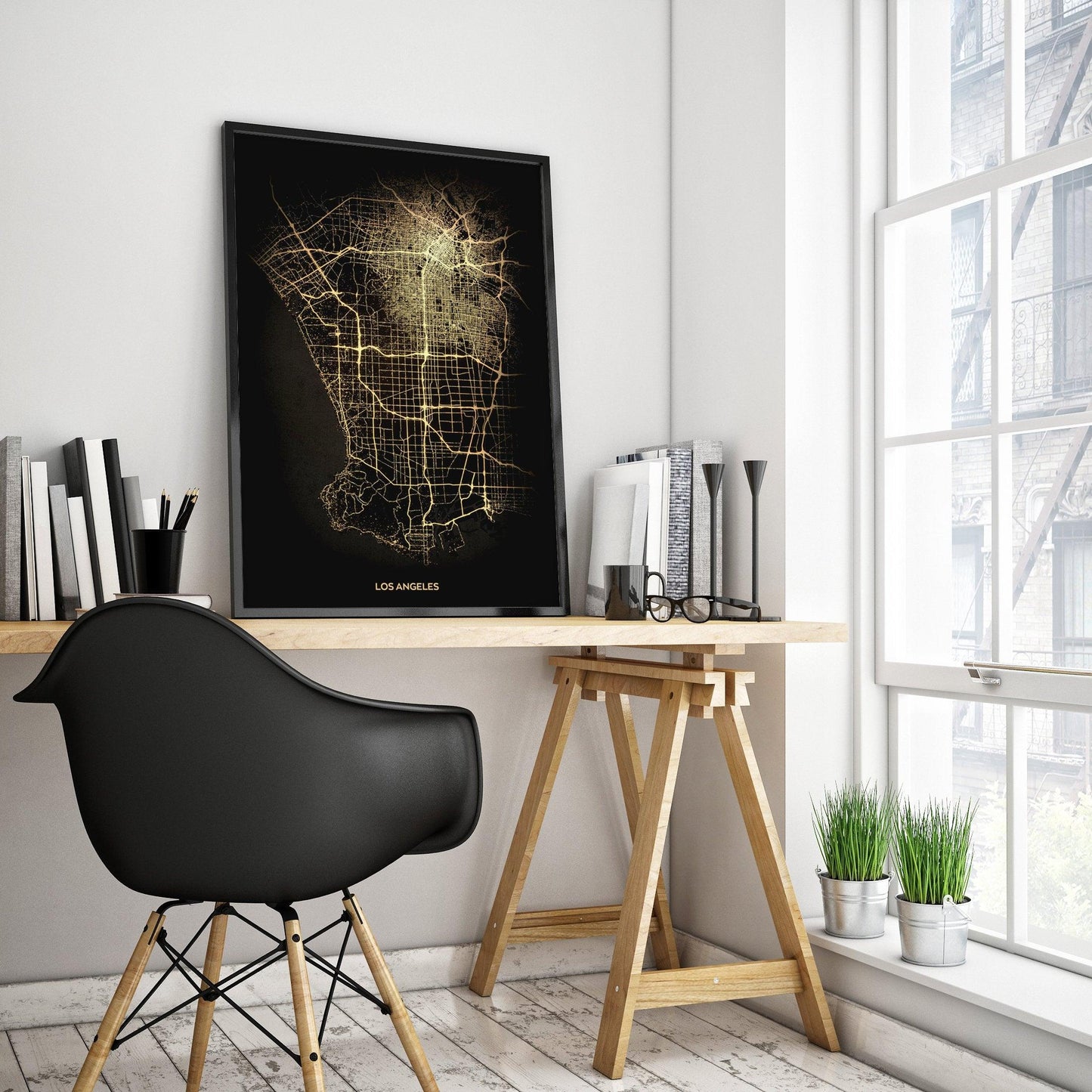 Los Angeles California Black & Gold Abstract Art Print Poster - Lovez Aqua© -