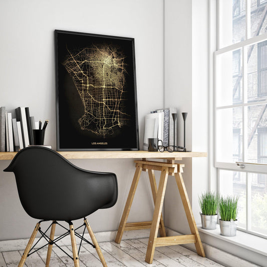 Los Angeles California Black & Gold Abstract Art Print Poster - Lovez Aqua© -