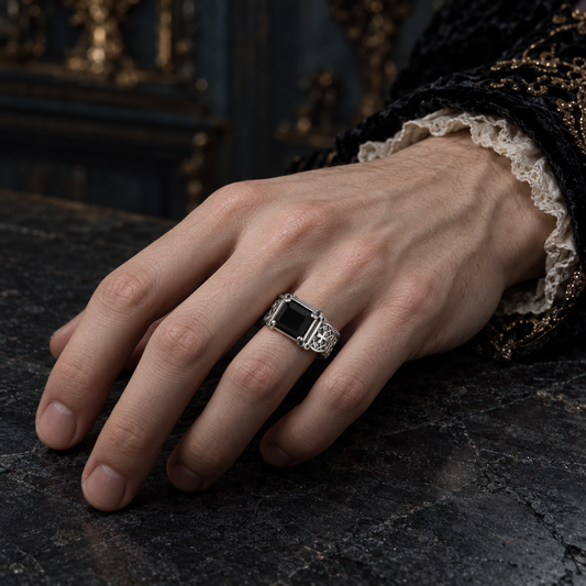 Men’s 925 Sterling Silver Black Agate Gothic Cross Signet Ring