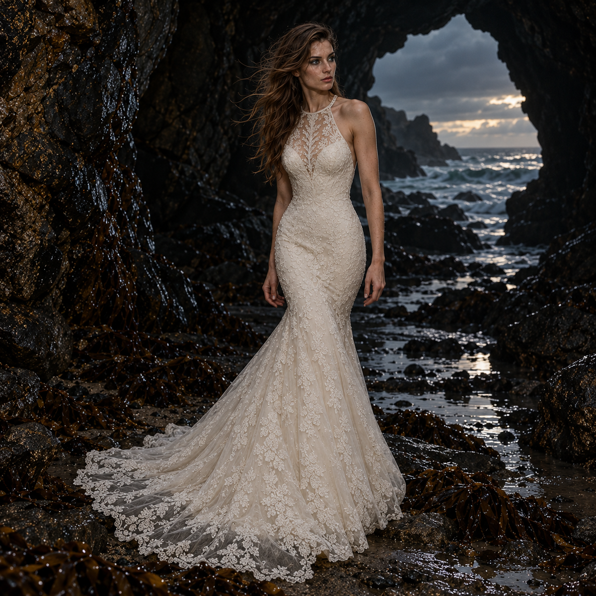 Women’s Ivory Lace Mermaid Wedding Dress | Illusion Halter & Train
