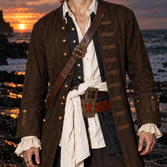 A person wearing a pirate-style costume with a dark brown coat, cream shirt, dark vest, brown sash, and belt stands on a rocky beach at sunset with the ocean in the background.