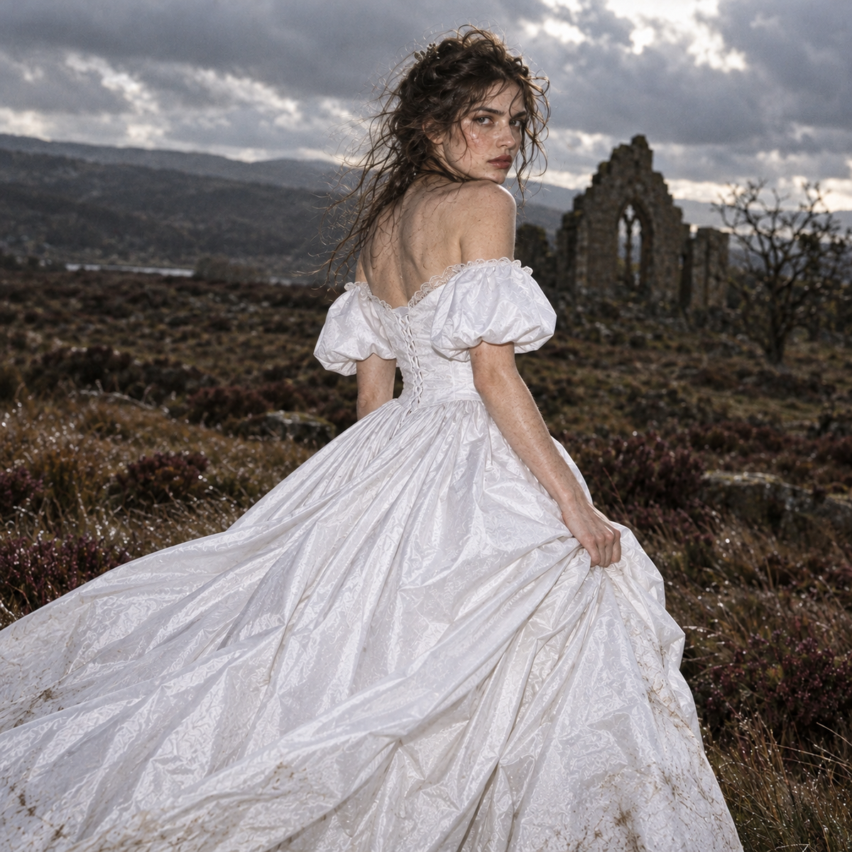 Wuthering Heights wedding dress, Catherine Earnshaw wedding gown, Catherine Earnshaw bridal costume, Wuthering Heights white dress, Wuthering Heights 2026 costume, Catherine Earnshaw cosplay dress, Margot Robbie inspired wedding dress, gothic Victorian wedding dress, Victorian bridal ball gown, white gothic wedding gown, off shoulder wedding dress with veil, white puff sleeve bridal gown, pointed waist wedding dress, basque waist bridal gown, gothic romance wedding dress, historical wedding costume, Victori