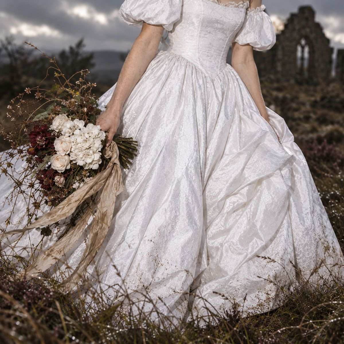 Wuthering Heights wedding dress, Catherine Earnshaw wedding gown, Catherine Earnshaw bridal costume, Wuthering Heights white dress, Wuthering Heights 2026 costume, Catherine Earnshaw cosplay dress, Margot Robbie inspired wedding dress, gothic Victorian wedding dress, Victorian bridal ball gown, white gothic wedding gown, off shoulder wedding dress with veil, white puff sleeve bridal gown, pointed waist wedding dress, basque waist bridal gown, gothic romance wedding dress, historical wedding costume, Victori