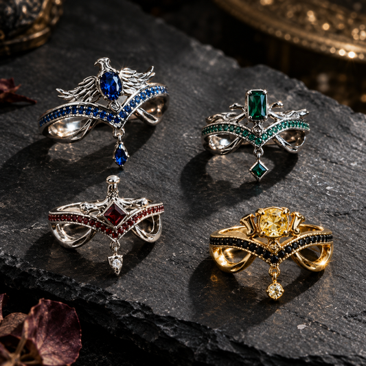 Harry Potter Hogwarts house rings, Hogwarts adjustable ring, Gryffindor red ring, Slytherin green ring, Ravenclaw blue ring, Hufflepuff yellow ring, Harry Potter gemstone jewelry, zircon wizard ring, Hogwarts house jewelry, wizarding world accessories, Sorting Hat gift, magical fantasy ring, silver plated adjustable ring, Harry Potter fan gift, Hogwarts student jewelry, wizard school jewelry, gothic fantasy rings, house pride jewelry, Harry Potter cosplay accessories, Hogwarts Christmas gift