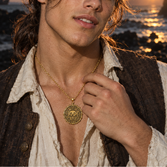 A man on a rocky beach at sunset wears a gold pirate-style pendant necklace with a skull medallion, over a distressed white shirt and brown vest.