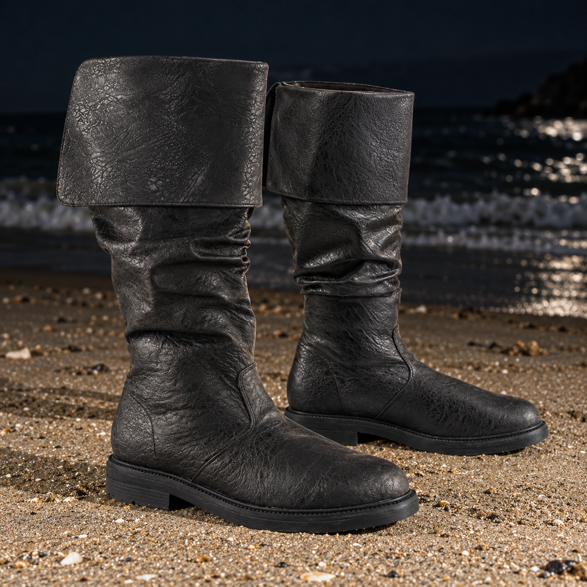 A pair of black leather mid-calf boots with a wide folded cuff, standing on a sandy beach with the ocean and dark sky in the background.