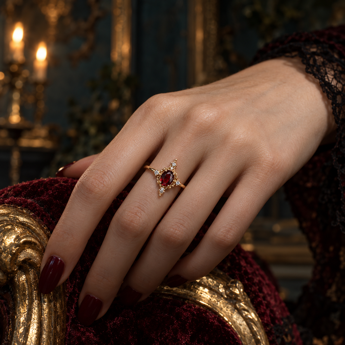 Victorian Red Zircon Cocktail Ring Gold-Tone 925 Sterling Silver