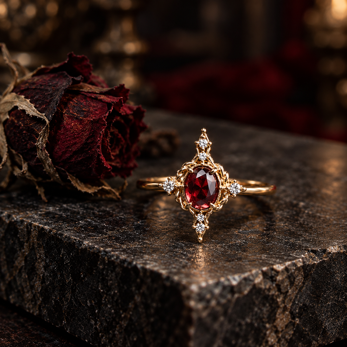 Women's Victorian Red Zircon Cocktail Ring | Gold-Tone 925 Sterling Silver