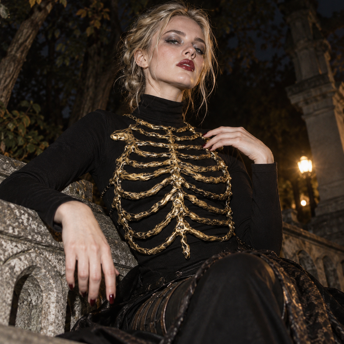 gold skeleton harness, skeleton rib cage chest piece, gothic chest armor, bone corset women, ribcage harness, skeleton costume accessory, gothic body harness, gold bone armor, Halloween skeleton outfit, undead costume accessory, gothic skeletal fashion, rib cage corset, horror fashion accessory, gold chest harness, skeleton body armor, dark fantasy costume, gothic Halloween clothing, skeletal chest piece