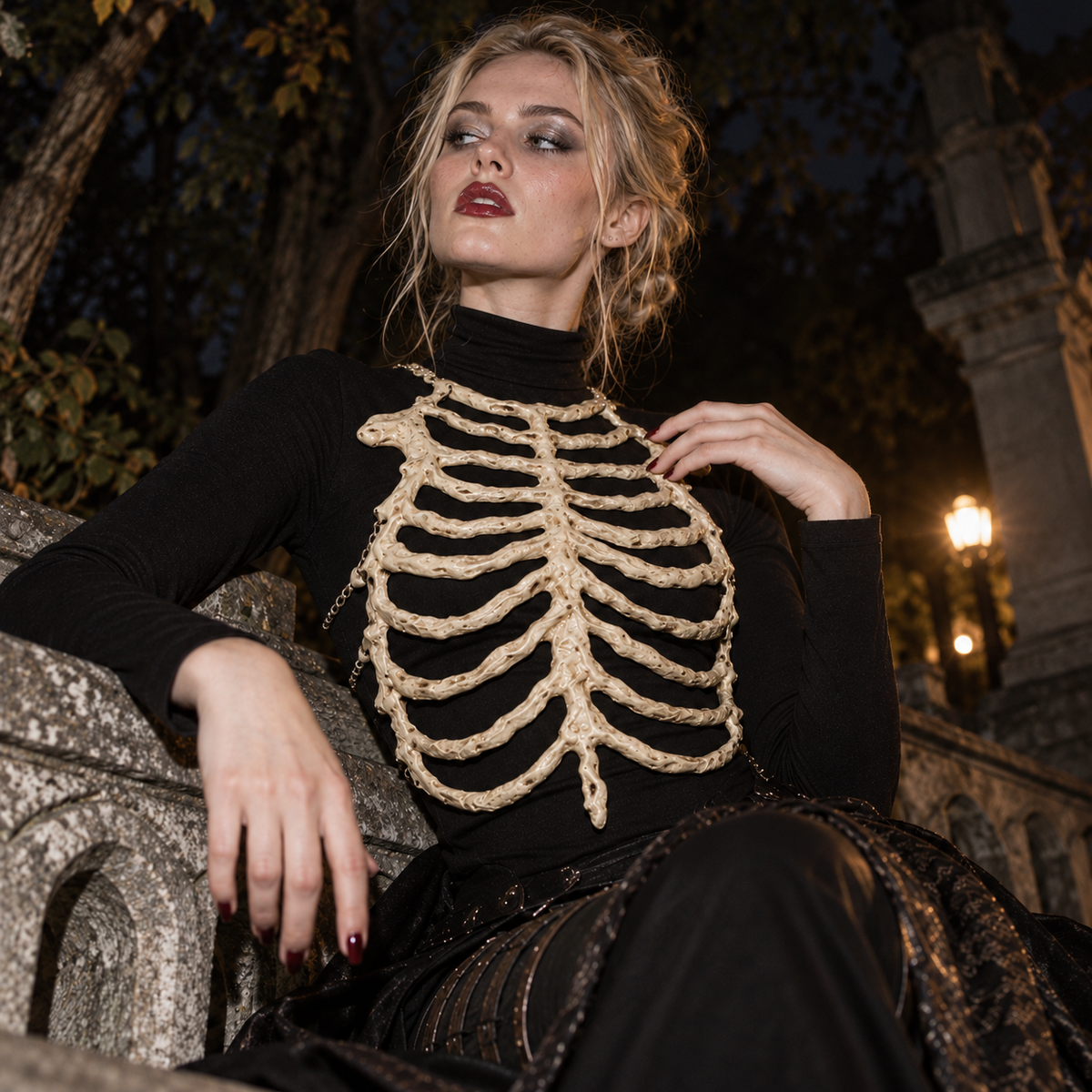 gold skeleton harness, skeleton rib cage chest piece, gothic chest armor, bone corset women, ribcage harness, skeleton costume accessory, gothic body harness, gold bone armor, Halloween skeleton outfit, undead costume accessory, gothic skeletal fashion, rib cage corset, horror fashion accessory, gold chest harness, skeleton body armor, dark fantasy costume, gothic Halloween clothing, skeletal chest piece