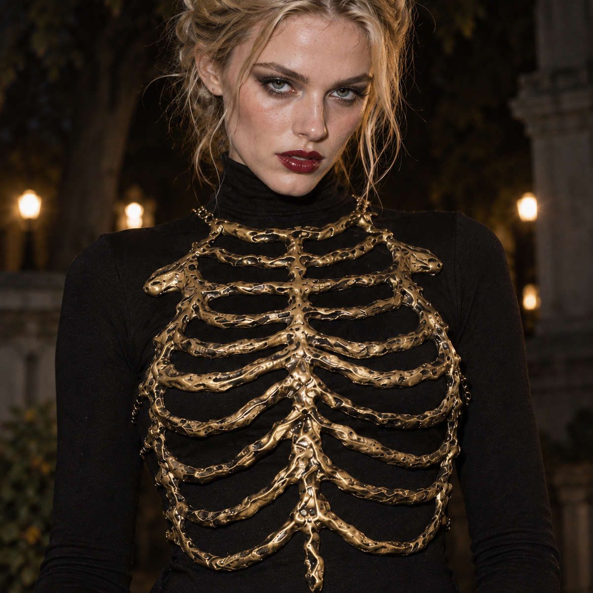 gold skeleton harness, skeleton rib cage chest piece, gothic chest armor, bone corset women, ribcage harness, skeleton costume accessory, gothic body harness, gold bone armor, Halloween skeleton outfit, undead costume accessory, gothic skeletal fashion, rib cage corset, horror fashion accessory, gold chest harness, skeleton body armor, dark fantasy costume, gothic Halloween clothing, skeletal chest piece