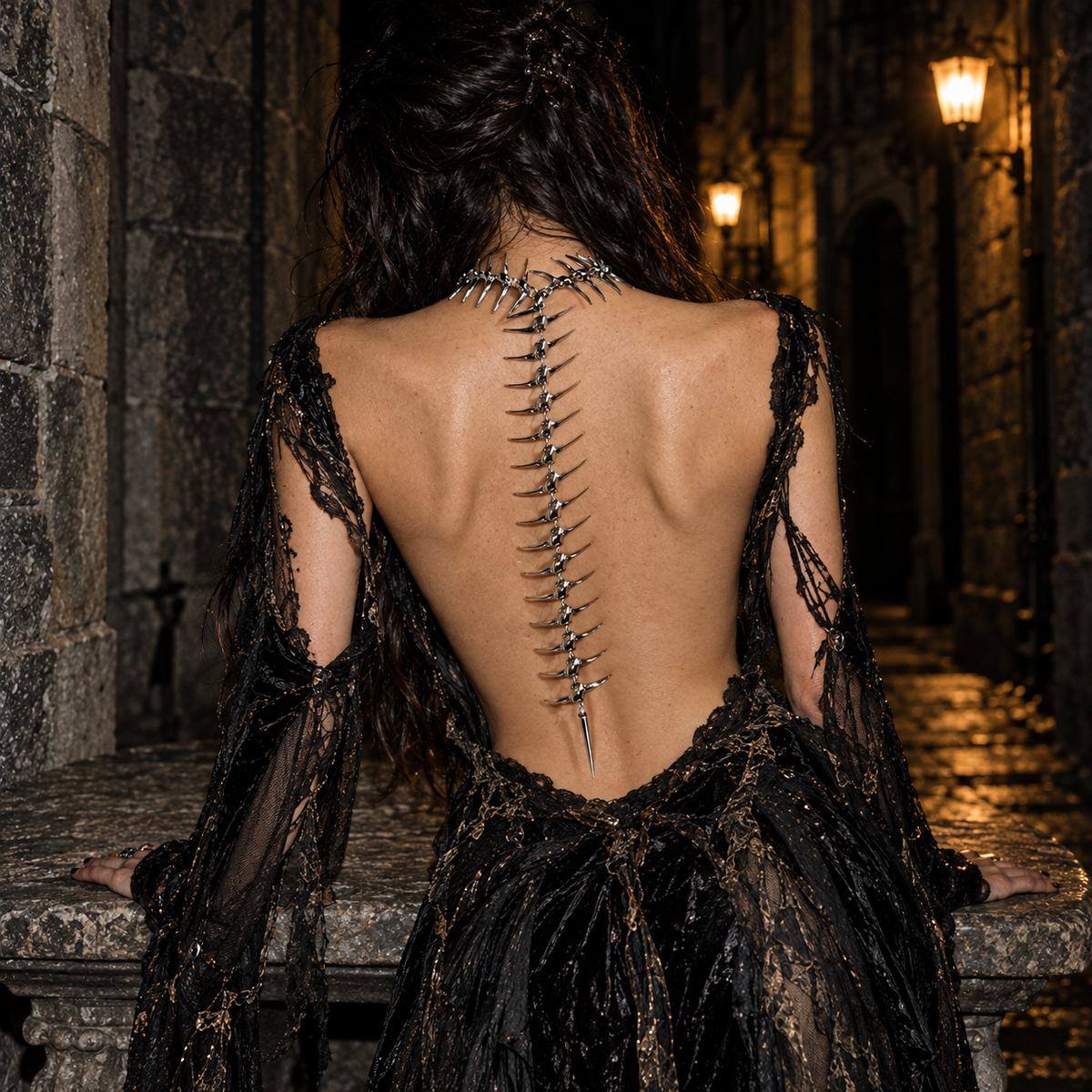 gothic spine necklace, silver vertebrae necklace, spine back jewelry, anatomical body chain, gothic back necklace, skeleton spine jewelry, silver back chain, alternative fashion jewelry, cyber gothic accessories, vertebrae body jewelry, gothic bridal jewelry, open back dress necklace, dark fantasy jewelry, skeletal necklace women, avant garde accessories, punk body jewelry, exposed spine necklace, bone inspired jewelry