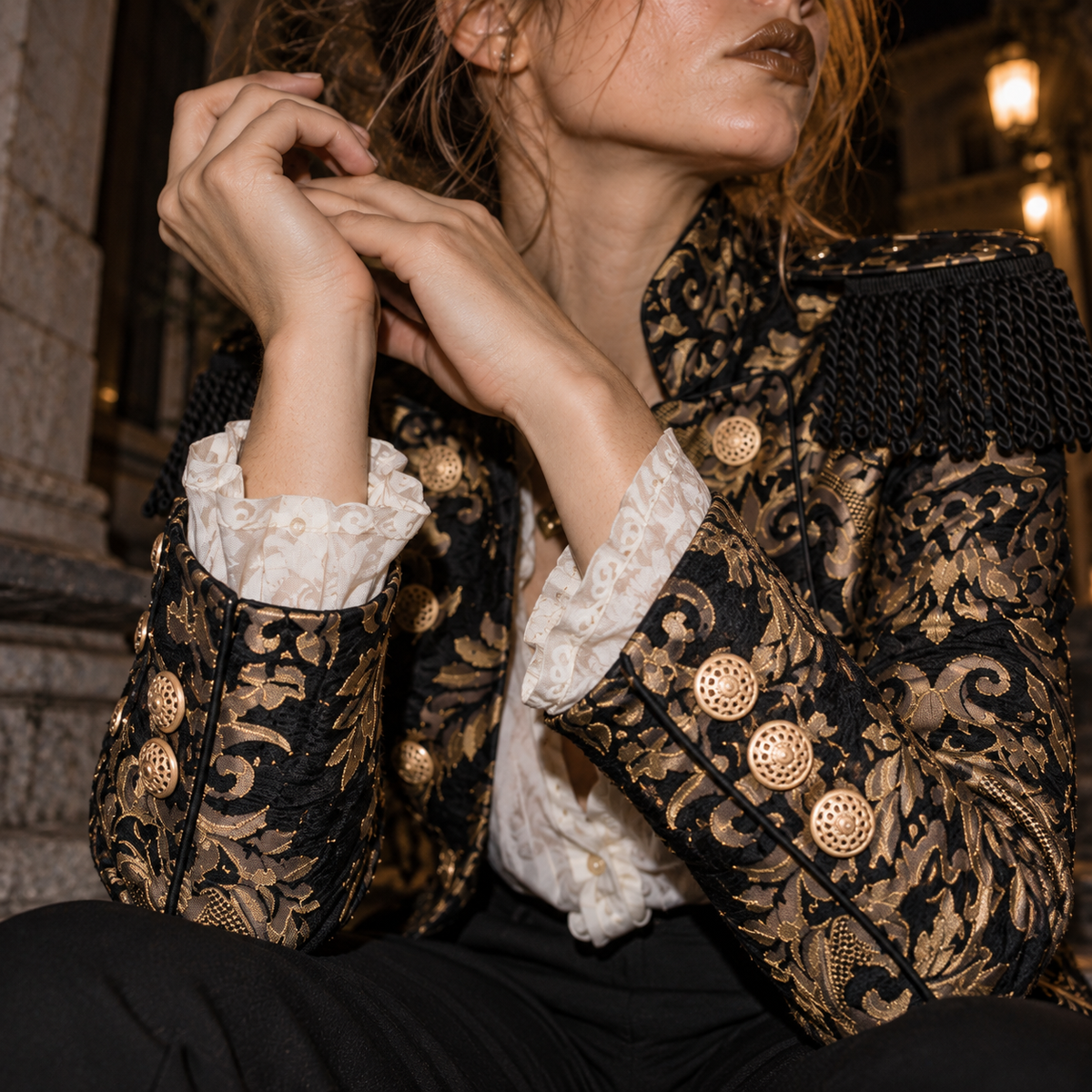 women's gothic military jacket, Victorian military jacket, black gold brocade jacket, steampunk women jacket, gothic officer jacket, cropped military blazer, gold epaulette jacket, black gold damask jacket, women's hussar jacket, Victorian steampunk clothing, alternative fashion jacket, gothic cropped blazer, military fashion women, ornate gold jacket, cosplay military jacket, dark academia jacket, stage fashion jacket, black gold statement jacket