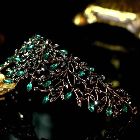 Luxury Baroque Black Leaf Bridal Tiara With Emerald Green Rhinestones