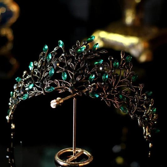 Luxury Baroque Black Leaf Bridal Tiara With Emerald Green Rhinestones - Lovez Aqua© - Green