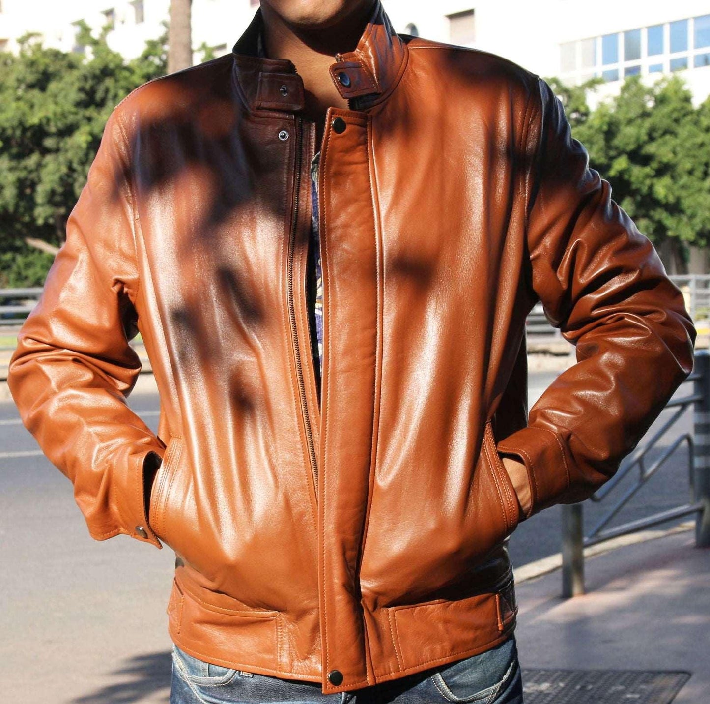 Men's Real Lamb Leather Tan Jacket With Pockets & Zipper - Lovez Aqua© -