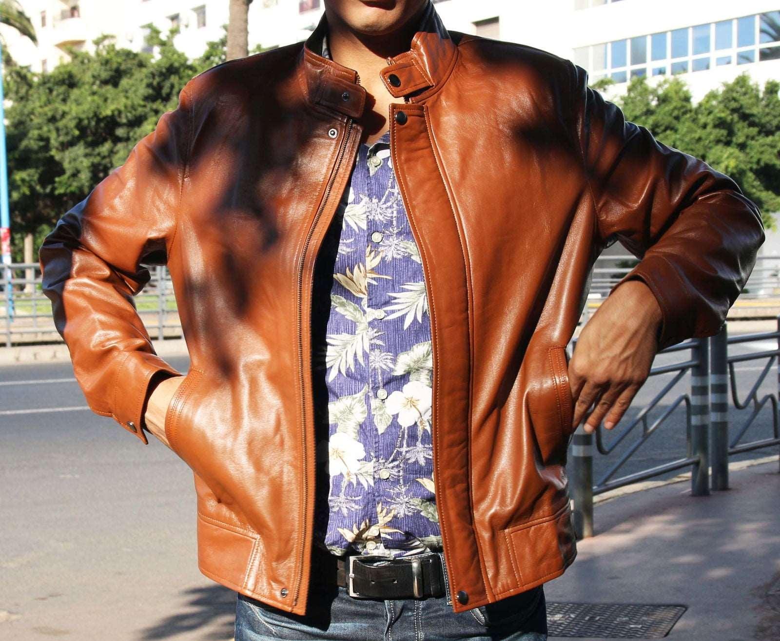 Men's Real Lamb Leather Tan Jacket With Pockets & Zipper - Lovez Aqua© -