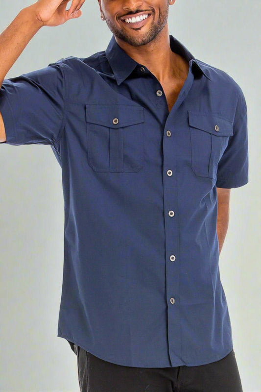 Men's Short Sleeve Navy Button Down Shirt With Dual Chest Pockets - Lovez Aqua© -