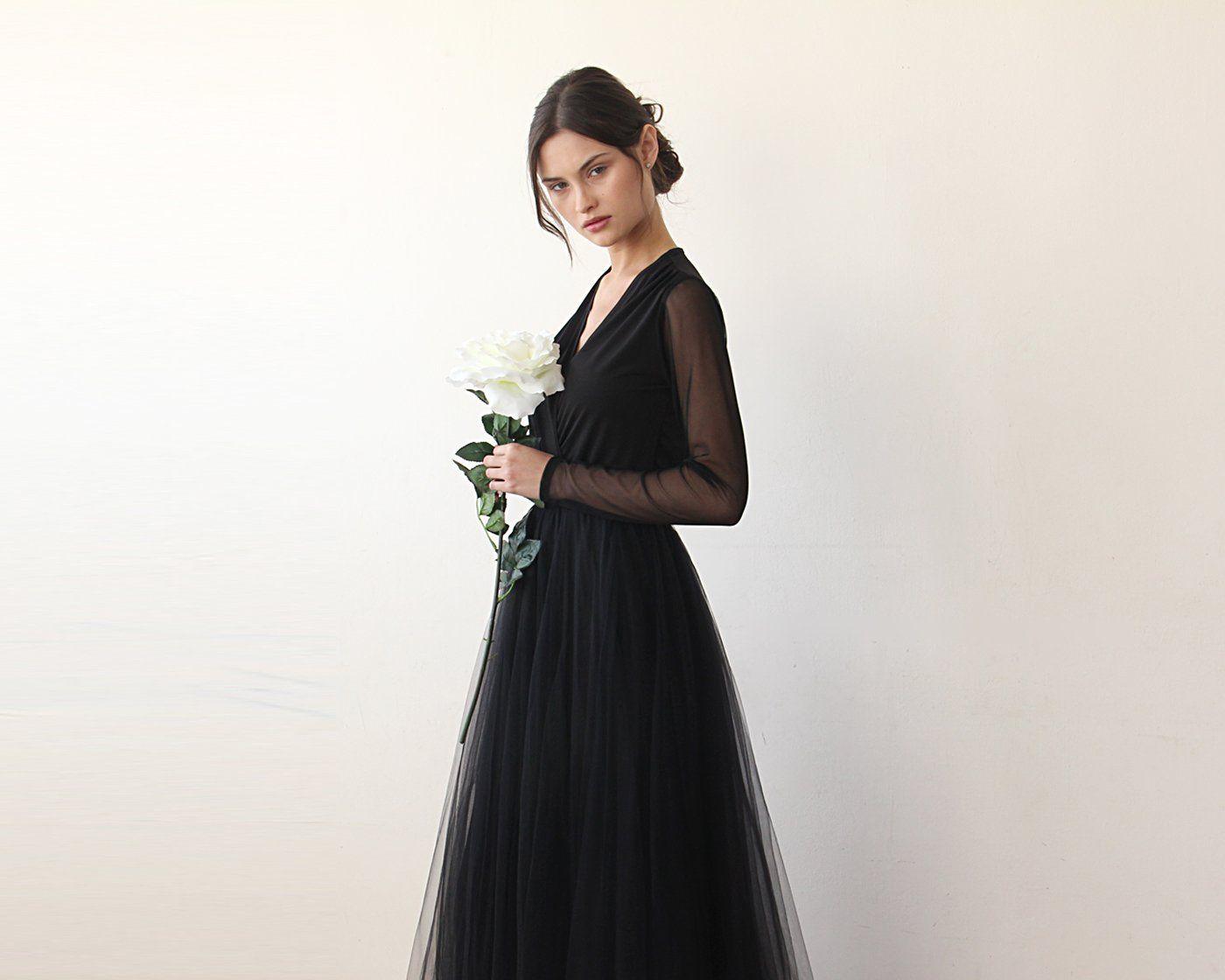 Modern Black Tulle Wrap Wedding Dress With Chiffon Mesh Sleeves & High Slit - Lovez Aqua© -