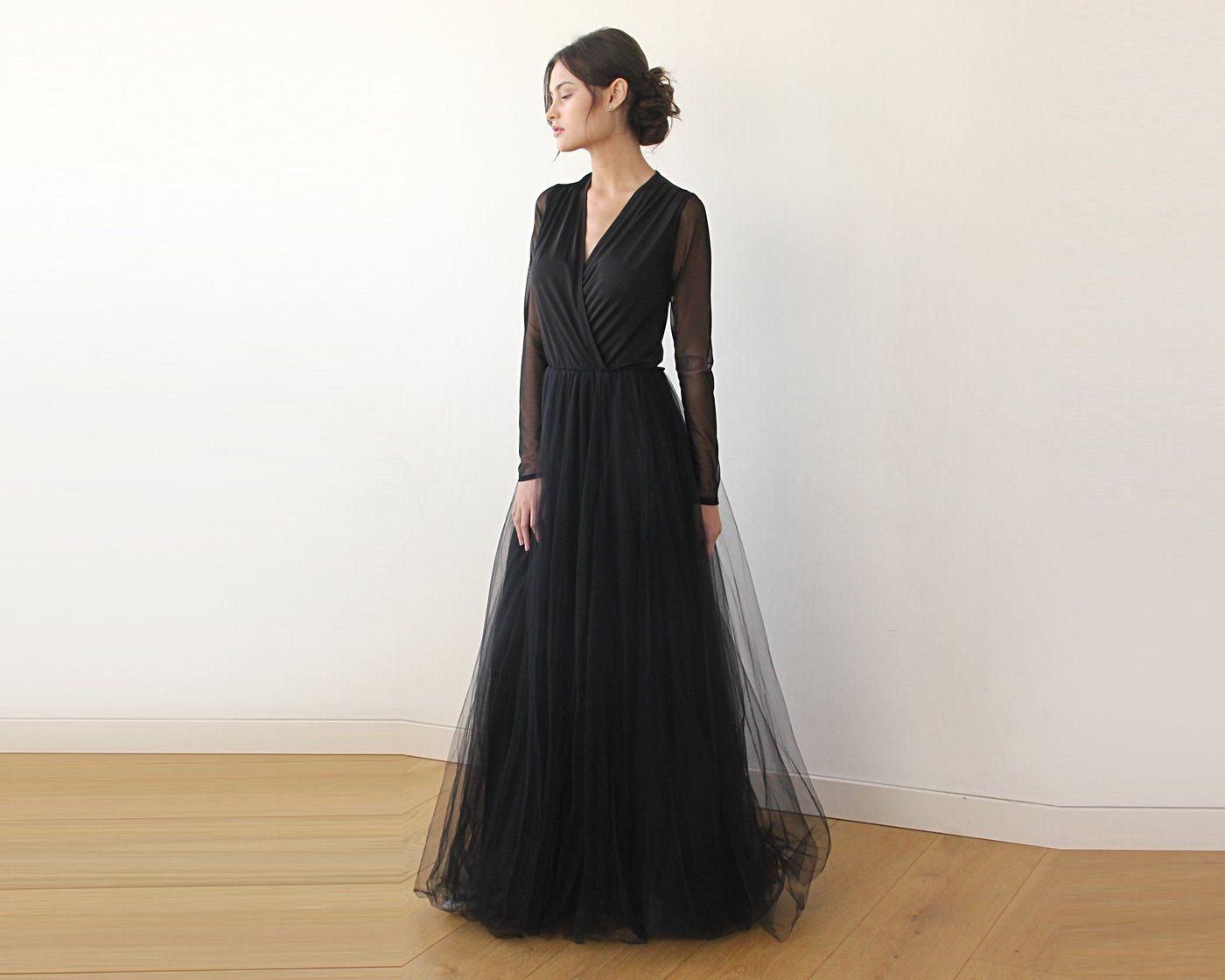 Modern Black Tulle Wrap Wedding Dress With Chiffon Mesh Sleeves & High Slit - Lovez Aqua© -