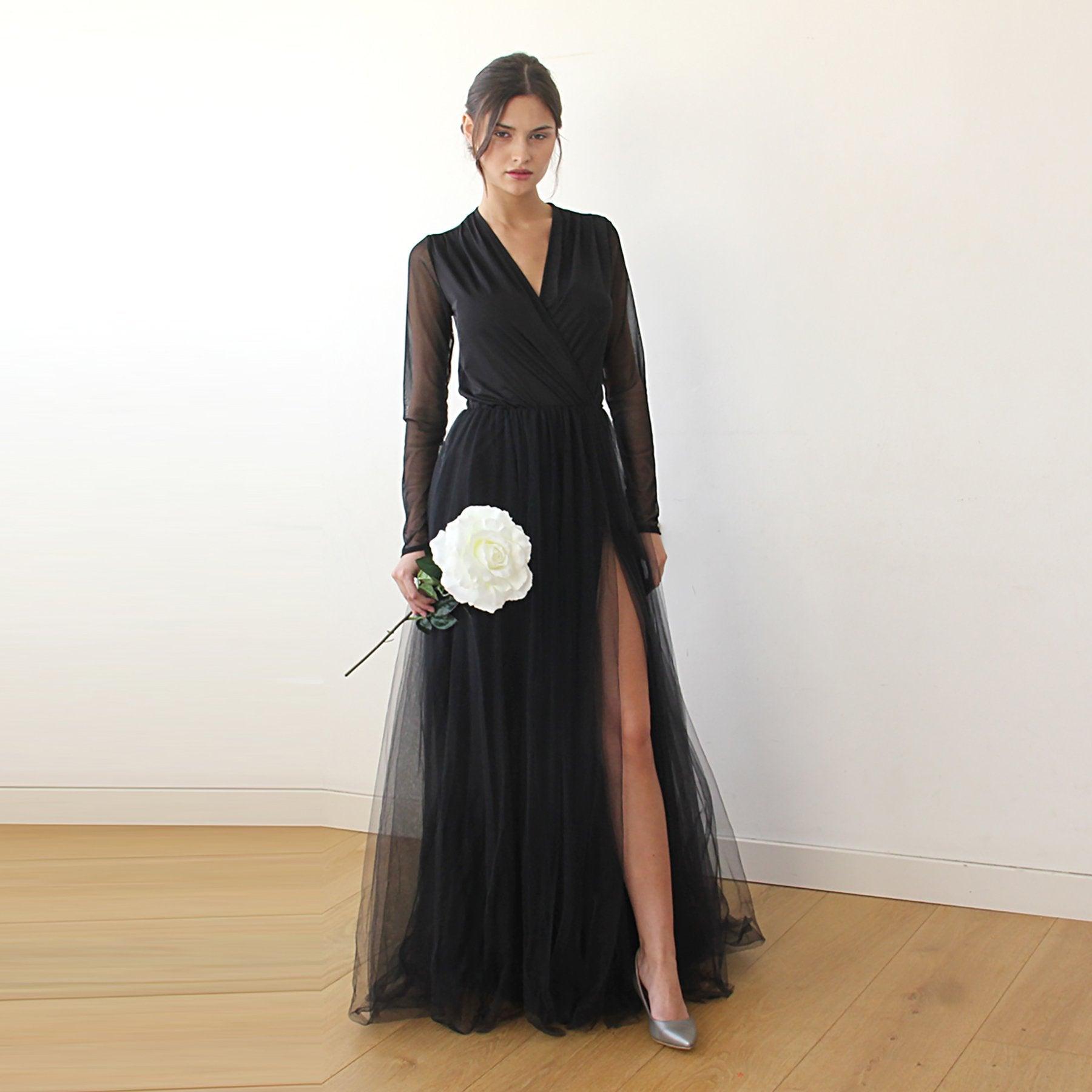 Modern Black Tulle Wrap Wedding Dress With Chiffon Mesh Sleeves & High Slit - Lovez Aqua© -
