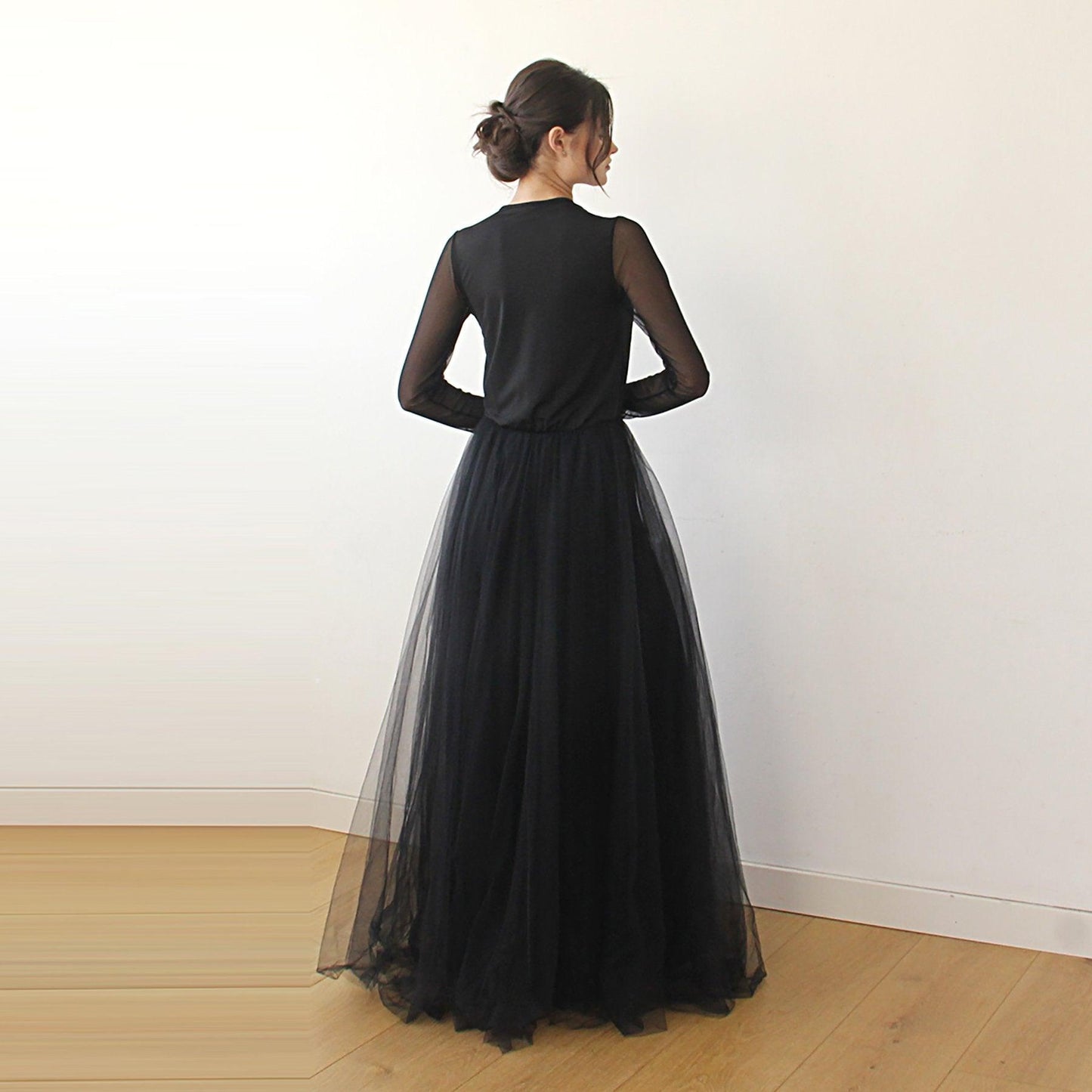 Modern Black Tulle Wrap Wedding Dress With Chiffon Mesh Sleeves & High Slit - Lovez Aqua© -