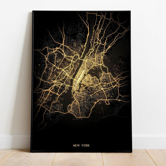 New York City Black & Gold Aerial View Abstract Art Print Poster - Lovez Aqua© -