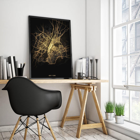 New York City Black & Gold Aerial View Abstract Art Print Poster - Lovez Aqua© -