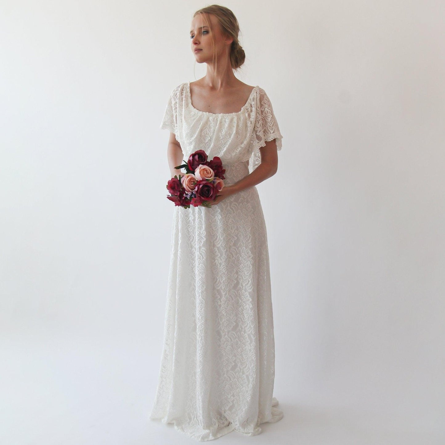 Off-Shoulder Ivory Wedding Gown With Bohemian Lace & Ruffled Crinkle Detailing - Lovez Aqua© -