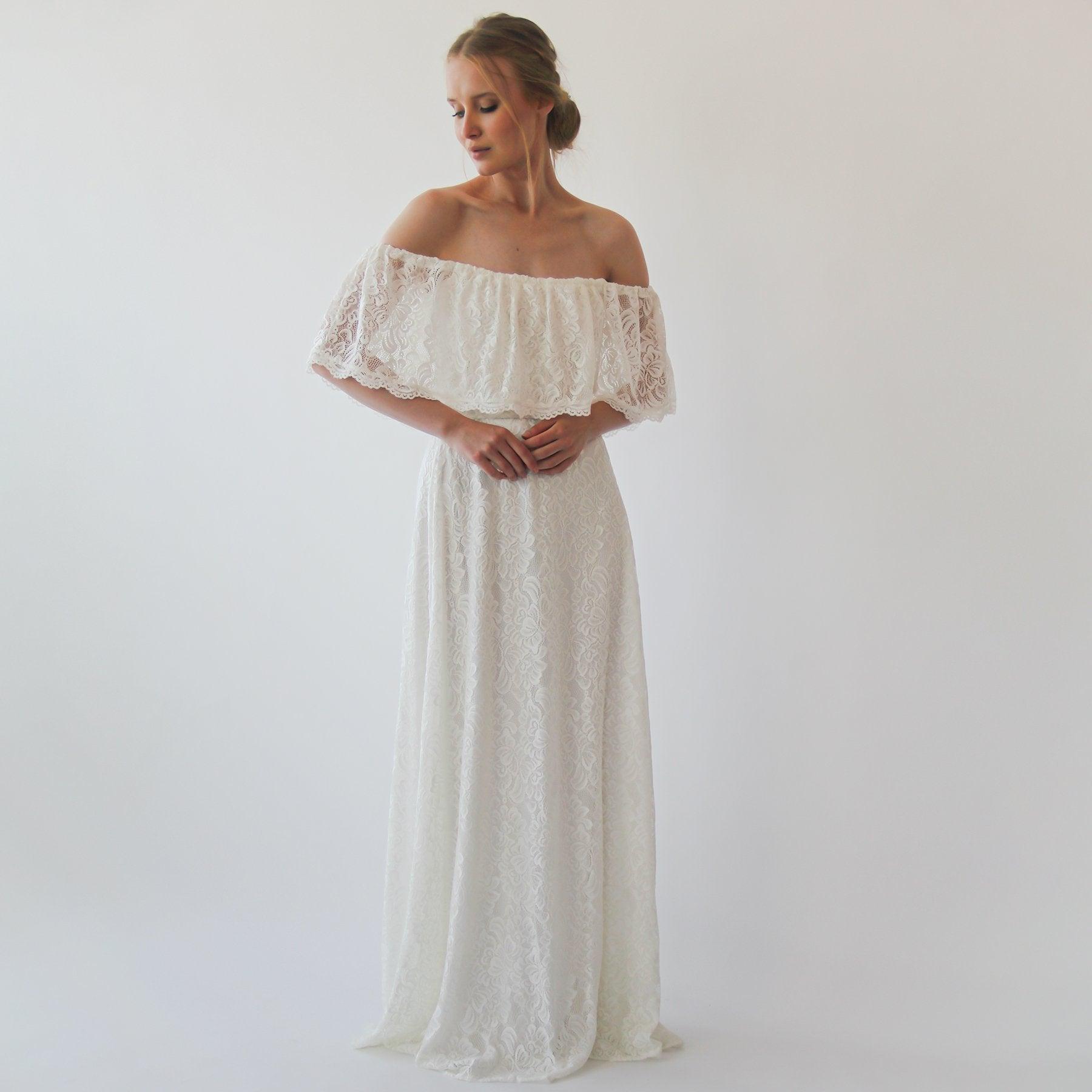 Off-Shoulder Ivory Wedding Gown With Bohemian Lace & Ruffled Crinkle Detailing - Lovez Aqua© -