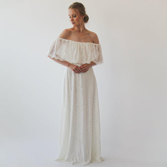 Off-Shoulder Ivory Wedding Gown With Bohemian Lace & Ruffled Crinkle Detailing - Lovez Aqua© -