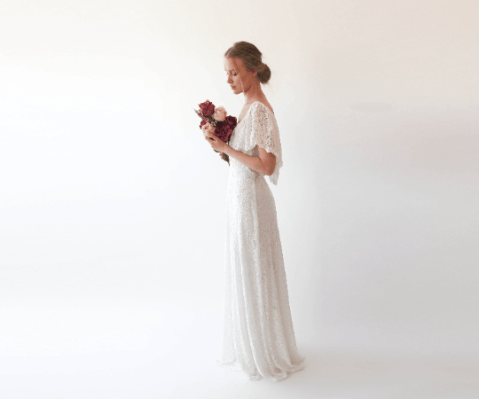 Off-Shoulder Ivory Wedding Gown With Bohemian Lace & Ruffled Crinkle Detailing - Lovez Aqua© -