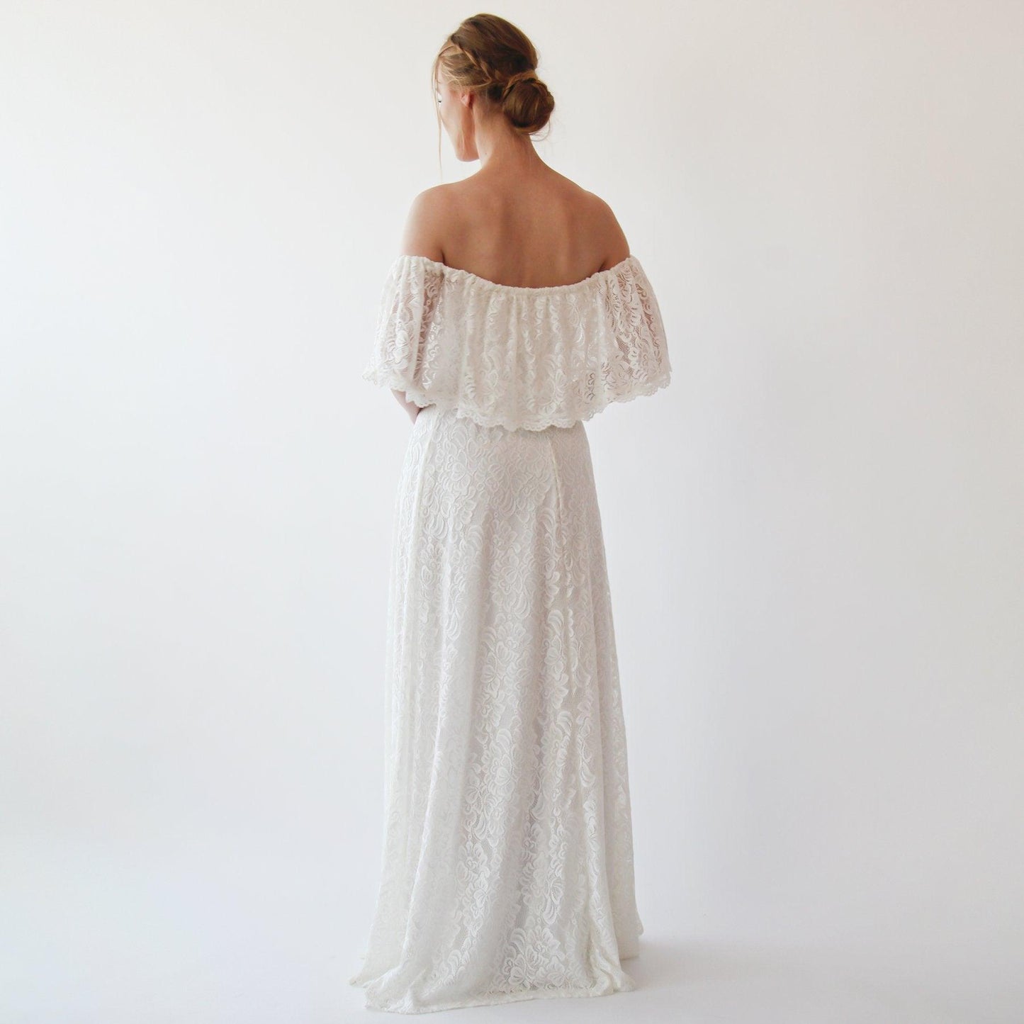 Off-Shoulder Ivory Wedding Gown With Bohemian Lace & Ruffled Crinkle Detailing - Lovez Aqua© -