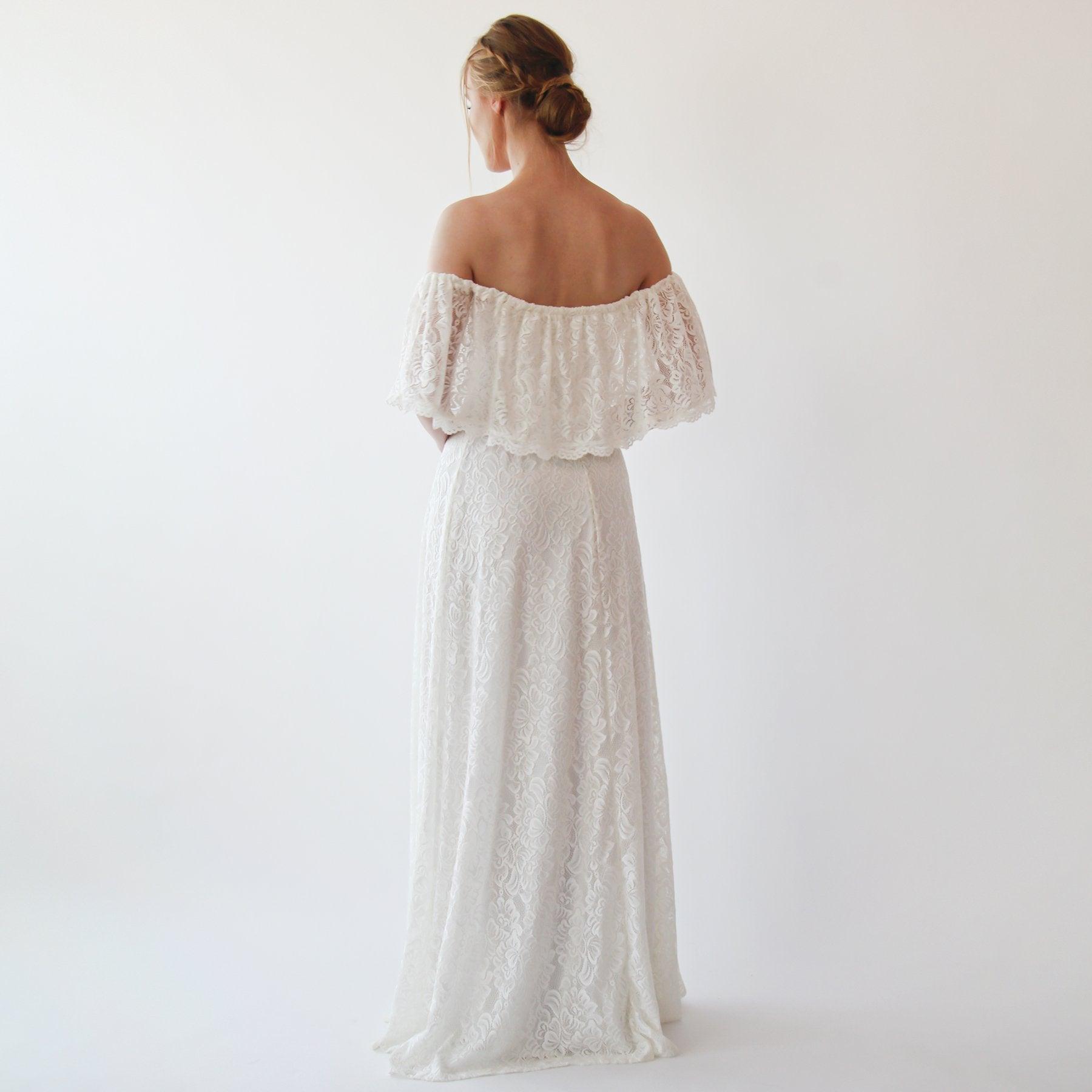 Off-Shoulder Ivory Wedding Gown With Bohemian Lace & Ruffled Crinkle Detailing - Lovez Aqua© -