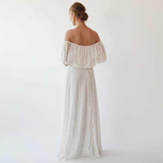 Off-Shoulder Ivory Wedding Gown With Bohemian Lace & Ruffled Crinkle Detailing