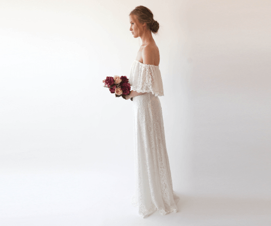 Off-Shoulder Ivory Wedding Gown With Bohemian Lace & Ruffled Crinkle Detailing - Lovez Aqua© -