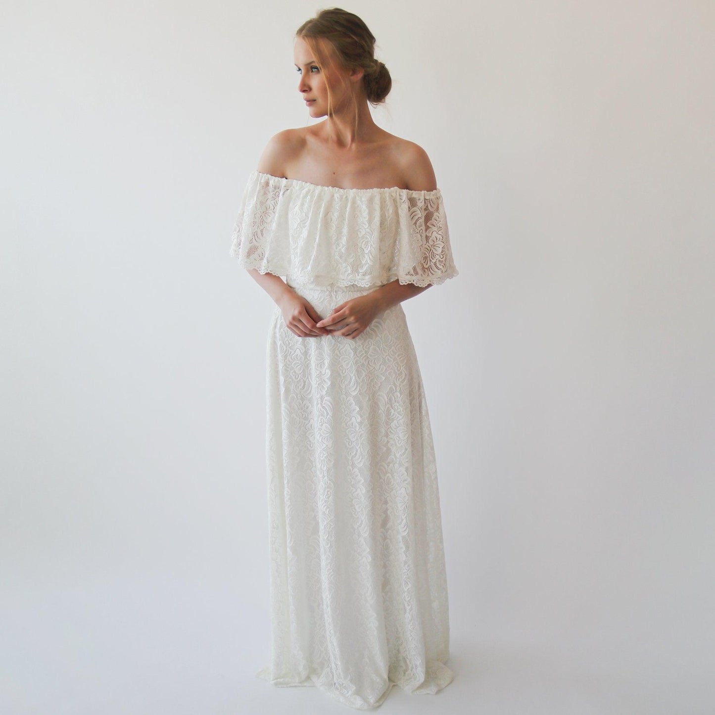 Off-Shoulder Ivory Wedding Gown With Bohemian Lace & Ruffled Crinkle Detailing - Lovez Aqua© -