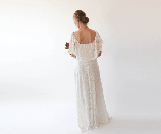 Off-Shoulder Ivory Wedding Gown With Bohemian Lace & Ruffled Crinkle Detailing - Lovez Aqua© -