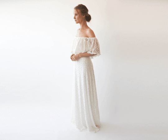 Off-Shoulder Ivory Wedding Gown With Bohemian Lace & Ruffled Crinkle Detailing