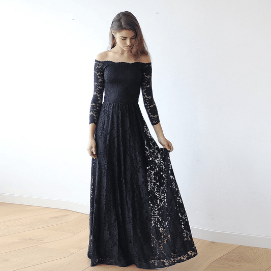 Off-The-Shoulder Black Floral Lace Maxi Wedding Dress With Long Sleeves - Lovez Aqua© -