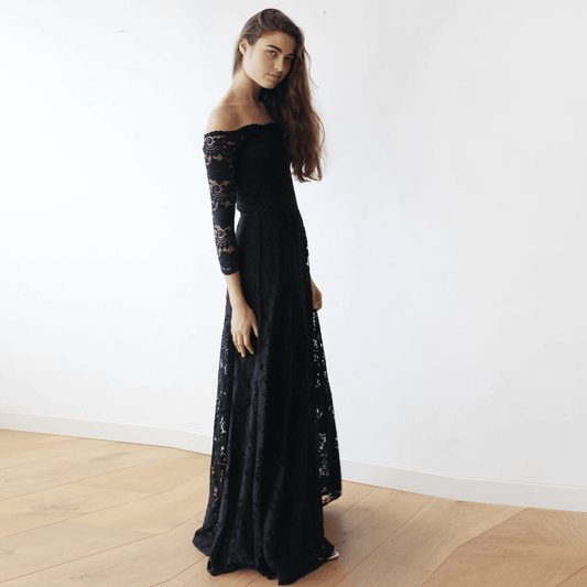 Off-The-Shoulder Black Floral Lace Maxi Wedding Dress With Long Sleeves - Lovez Aqua© -