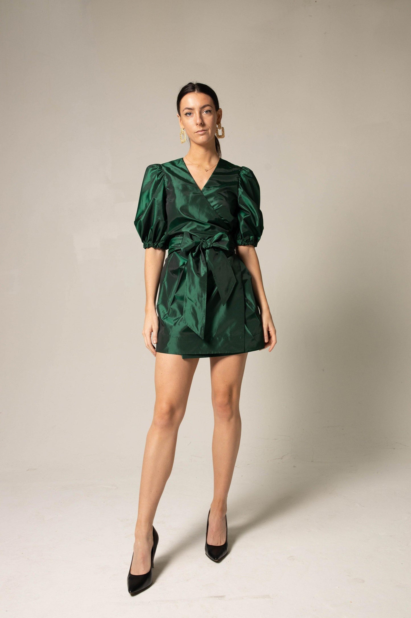Glamourous Emerald Green Women's Wrap Mini Dress With Ruffled Sleeves - Lovez Aqua© -