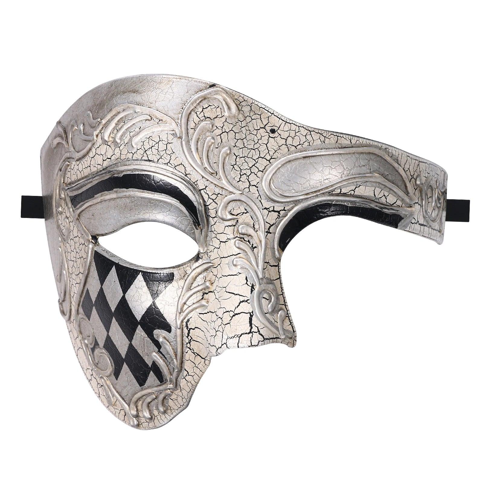 Phantom of the Opera Crackled Half Face Venetian Masquerade Mask - Lovez Aqua© - Silver